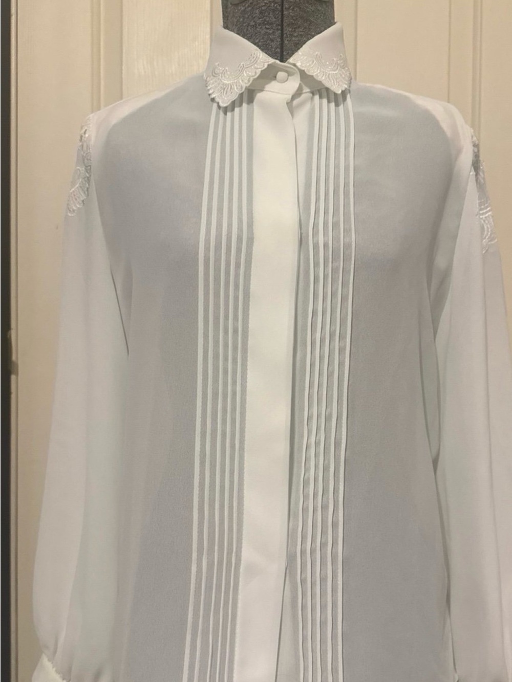 Jordan White Pleated Front Women's Blouse with Embroidered Collar